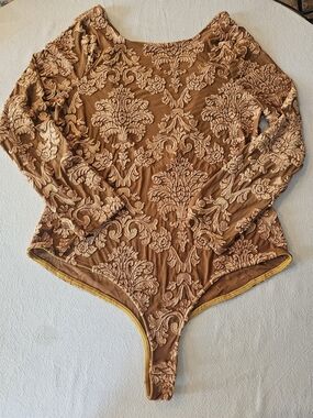 Iris Amber Mesh Velvet Burnout Damask Long Sleeve Bodysuit Scoop Back Size 3X